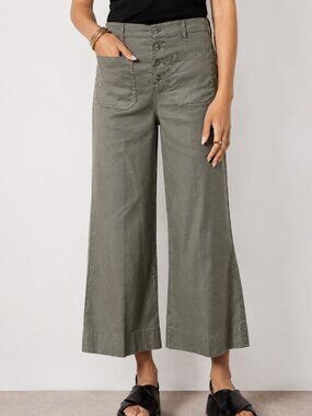 Evereve Joelle Linen Blend Wide Leg Crop Pants Olive Utility Boho Size 27